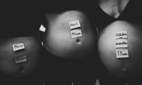 Three pregnant bellies labeled with months and weeks in grayscale setting.